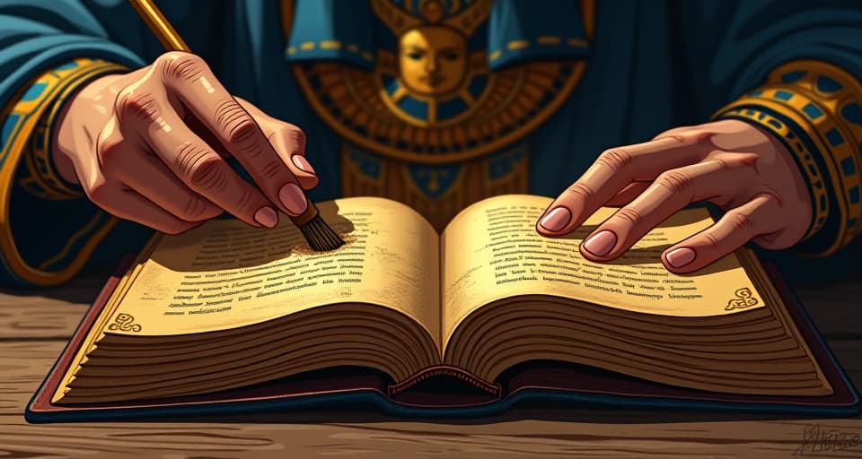  hands brushing off dirt from a well worn diary, golden inscriptions appearing as it's opened, ancient secrets revealed. the style is digital art illustration / modern comic book / mysterious occult, symbolic, esoteric vibe,high detail on character design, incorporating ancient egyptian symbology and attire.