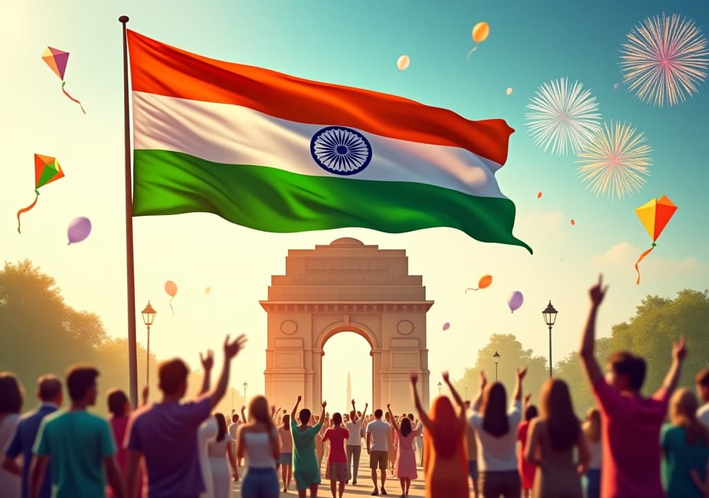  create a vibrant scene celebrating india's independence day. the image should feature the iconic indian flag waving proudly in the sky, with people of all ages dressed in traditional and modern attire, celebrating with joy. include elements like kites, balloons, and fireworks in the colors of the indian flag: saffron, white, and green. in the background, showcase famous indian landmarks like the red fort and india gate, surrounded by festive decorations and a sense of national pride