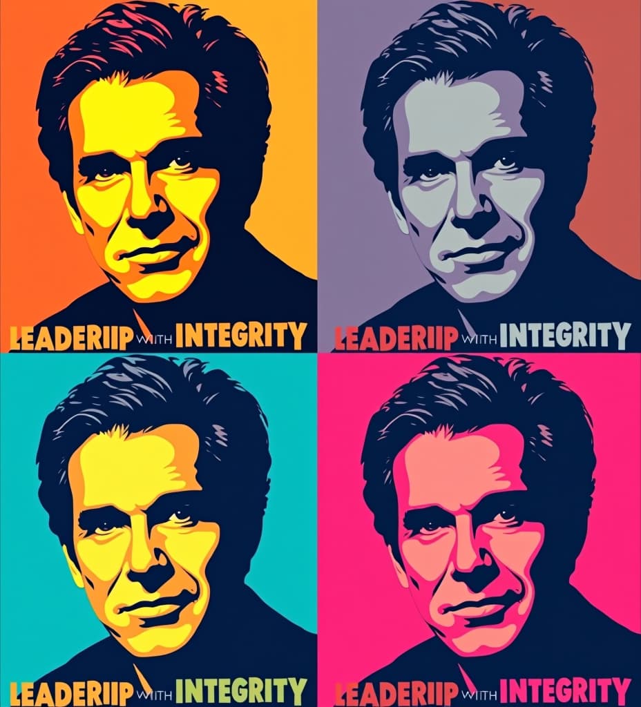  create a vibrant, andy warhol inspired pop art of tim walz with four variations of color palettes. overlay catchy text like “leadership with integrity” in a modern, comic book font, for tshirt design