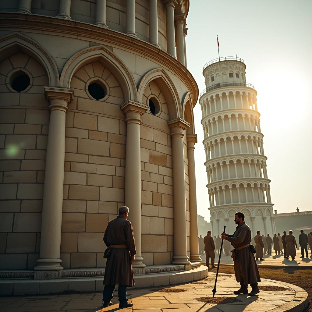  create a high quality, photorealistic image that vividly depicts the following scene: "a painstaking close up of the tower of pisa at the peak of its creation, searingly lightened by the radiant sun of tuscany. master craftsmen labor carefully on the uneven marble edifice, their countenances filled distinguishable exhaustion and resolve. a subtle trace of the structure's notorious leaning is visible, with the tower already displaying notable inclination, projecting an askew shadow over a tension filled audience. shot with a sony alpha a7 iii, tamron lens, f/1.4, iso 200. this unaltered 8k resolution photograph is a true testament to historical effort, detailing every aspect from the beads of stress induced perspiration on the craftspeo hyperrealistic, full body, detailed clothing, highly detailed, cinematic lighting, stunningly beautiful, intricate, sharp focus, f/1. 8, 85mm, (centered image composition), (professionally color graded), ((bright soft diffused light)), volumetric fog, trending on instagram, trending on tumblr, HDR 4K, 8K