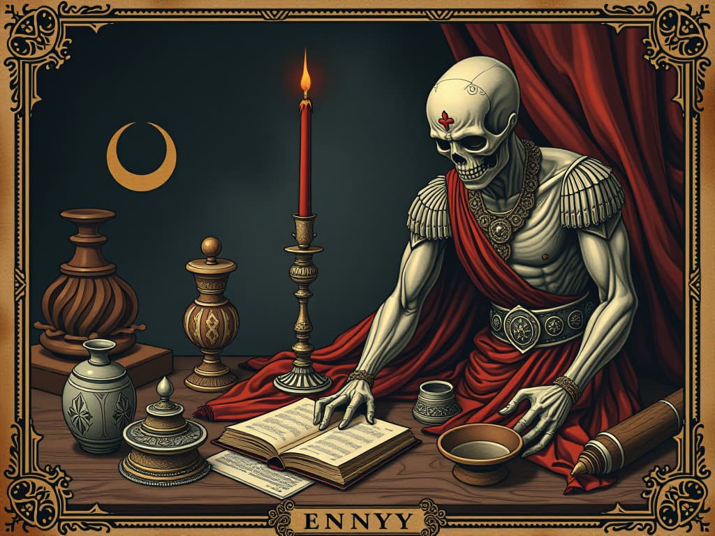  ancient roman artifacts, mix of simple trinket and ornate artifacts, cursed aura, energy of envy and malevolence. an illustration in the style of a worn, mystical old tarot trump card, mysterious and elements of surrealism. the colors are muted, somber and eerie, but with contrast bring out an occult and esoteric vibe.