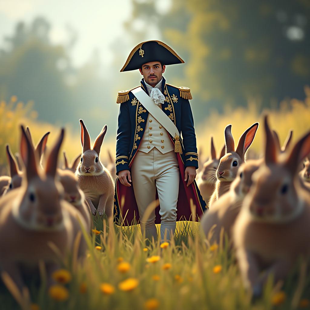  create a high quality, photorealistic image that vividly depicts the following scene: 'brightly colored dream like artwork of napoleon bonaparte dressed in a handsome, embellished navy blue uniform with golden accents, looking nonplussed surrounded by a horde of hungry bunnies. the backdrop is a lively french field scene, where a peaceful picnic has been overthrown in the wild melee. designed with vivid hues and contrast, emotive brushstrokes, spotlight effect on the main course of events, while the charming surroundings dissolve into a gentle abstract blur. emulates the aesthetic of the late 18th century artistry, digital format, stylus drawing, 4k resolution, lossless, png file, imbued with atmospheric depth, captured mid animation.' hyperrealistic, full body, detailed clothing, highly detailed, cinematic lighting, stunningly beautiful, intricate, sharp focus, f/1. 8, 85mm, (centered image composition), (professionally color graded), ((bright soft diffused light)), volumetric fog, trending on instagram, trending on tumblr, HDR 4K, 8K