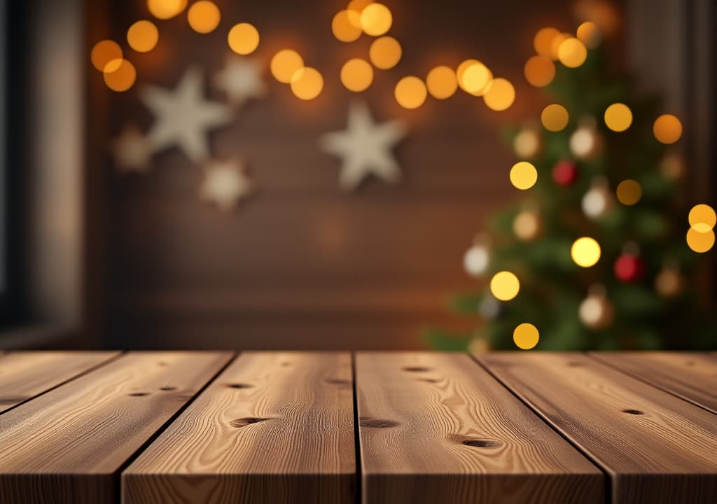  empty wooden table with christmas theme in background