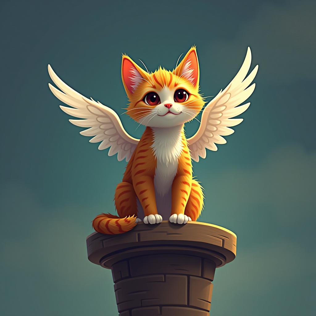  a small cat with wings is sitting on a tower.