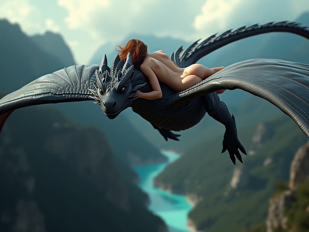  cinematic photo a brown haired with , sensual hips, half , lies on the back of a big strong black dragon that flies through the clouds, the dragon breathes fire. the 's face is close up. below them are green mountains, rocky cliffs and a blue river. . 35mm photograph, film, bokeh, professional, 4k, highly detailed