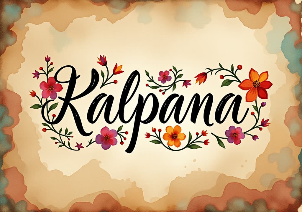  good quality, high quality, "kalpana" written in an intricate, hand drawn calligraphy style, surrounded by blooming floral patterns in vivid watercolors. the text sits on textured parchment paper, with a vintage, artistic feel. the background is a mix of warm, earthy tones, complementing the colorful floral accents.