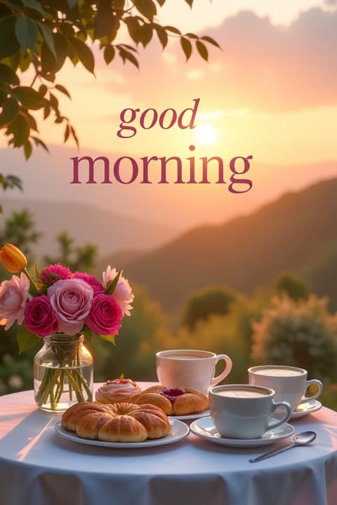  a serene morning scene featuring a picturesque sunrise over a tranquil landscape, with soft pastel colors illuminating the sky. in the foreground, a beautifully arranged breakfast table with fresh flowers, coffee, and pastries, creating an inviting atmosphere. the text 'good morning' elegantly displayed in a stylish font, harmonizing with the peaceful scenery. the overall ambiance is warm and cheerful, embodying the joy of a new day.