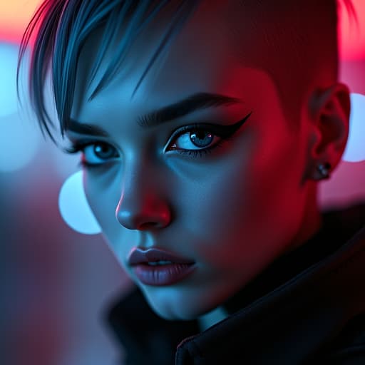  ultra realistic close up portrait ((beautiful pale cyberpunk female with heavy black eyeliner)), blue eyes, shaved side haircut, hyper detail, cinematic lighting, magic neon, dark red city, canon eos r3, nikon, f/1.4, iso 200, 1/160s, 8k, raw, unedited, symmetrical balance, in frame, 8k hyperrealistic, full body, detailed clothing, highly detailed, cinematic lighting, stunningly beautiful, intricate, sharp focus, f/1. 8, 85mm, (centered image composition), (professionally color graded), ((bright soft diffused light)), volumetric fog, trending on instagram, trending on tumblr, HDR 4K, 8K