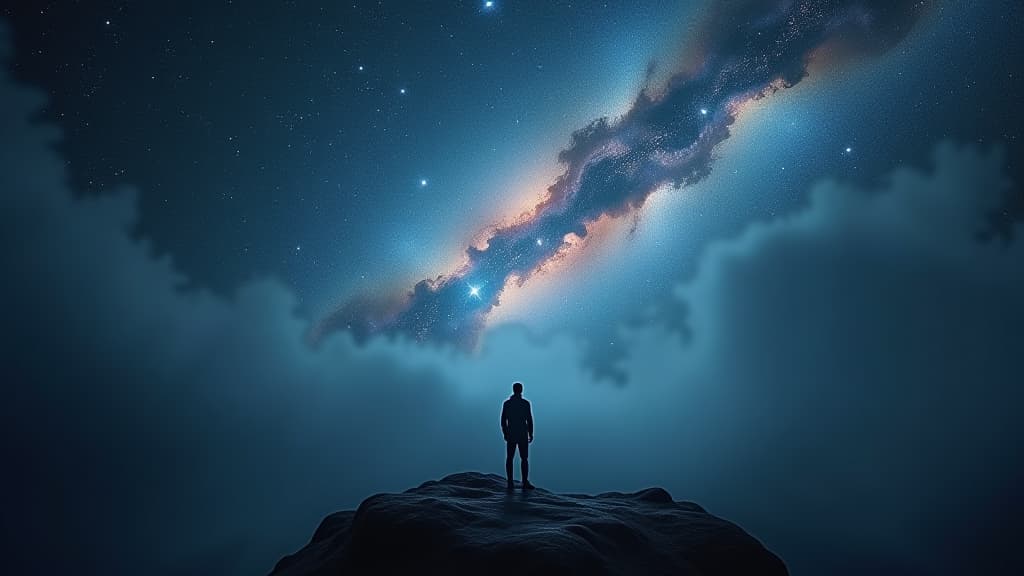  a mysterious view of intergalactic space, where galaxies are separated by vast, empty distances. hyperrealistic, full body, detailed clothing, highly detailed, cinematic lighting, stunningly beautiful, intricate, sharp focus, f/1. 8, 85mm, (centered image composition), (professionally color graded), ((bright soft diffused light)), volumetric fog, trending on instagram, trending on tumblr, HDR 4K, 8K