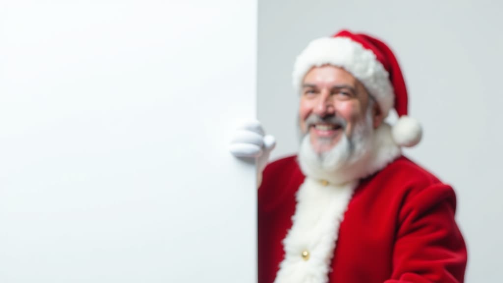  advertising style, stock photo, corporate branding style a man in a santa claus costume with white gloves smiles and looks out from behind a white banner on a white background on the left, on the right there is a lot of free space for text . professional, clean, modern, product focused, commercial, eye catching, minimalist, business oriented, highly detailed