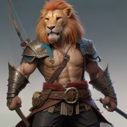 fantasy, art, dnd, roleplaying, ((Half human half lion pirate using a pike))