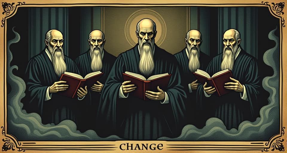  old judges in flowing robes, stern faces, anachronistic lawbooks, surrounded by swirling shadows indicating change. an illustration in the style of a worn, mystical old tarot trump card, mysterious and elements of surrealism. the colors are muted, somber and eerie, but with contrast bring out an occult and esoteric vibe.