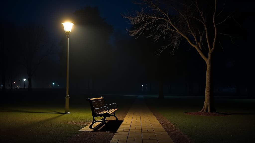  a lonely bench illuminated by a streetlight in a dark park setting.