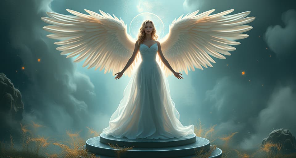  portrait of an ethereal angel, her aura radiating power, standing on an elevated celestial pedestal. background filled with enchanted elements, the atmosphere is one of undeniable truth and empowerment.. the style is digital art illustration,highly detailed, whimsical,magical, dreamlike atmosphere, realism and fantasy blend, smooth, glossy textures,luminous quality, wonder and enchantment.