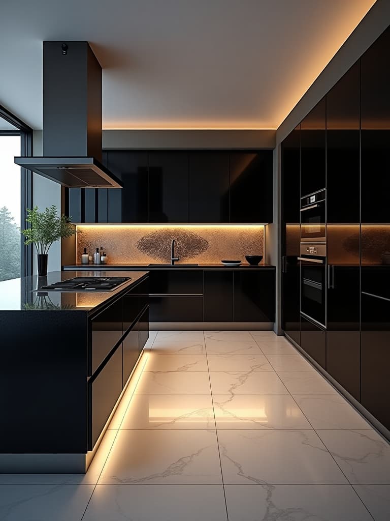  high quality portrait photo of a sleek, ultra modern kitchen with glossy black cabinets, stainless steel appliances, a floating island with led underlighting, and a dramatic backlit onyx backsplash hyperrealistic, full body, detailed clothing, highly detailed, cinematic lighting, stunningly beautiful, intricate, sharp focus, f/1. 8, 85mm, (centered image composition), (professionally color graded), ((bright soft diffused light)), volumetric fog, trending on instagram, trending on tumblr, HDR 4K, 8K