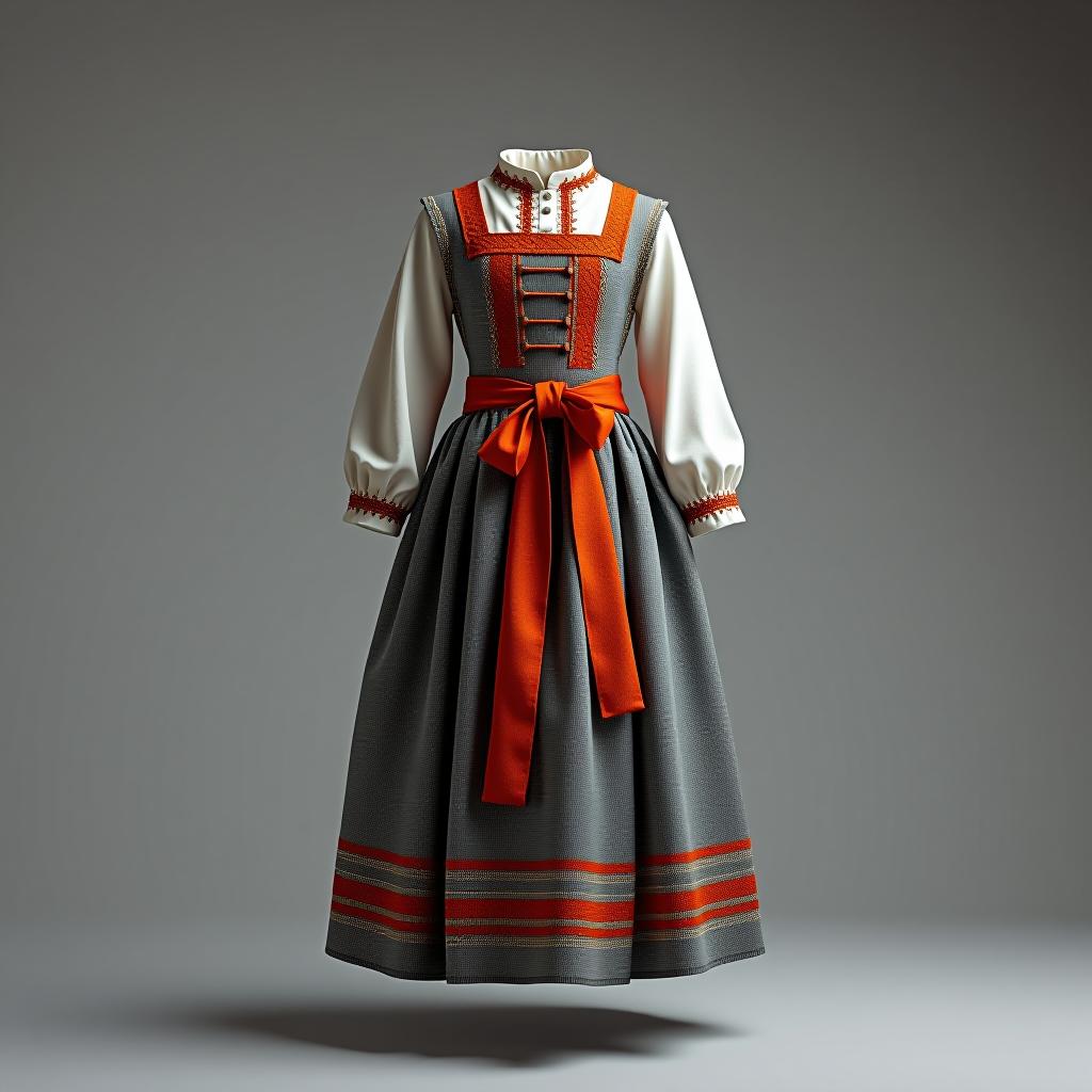  a folk costume is showcased, highlighting its details in full length. the design should incorporate gray tones, with orange as the accent color.