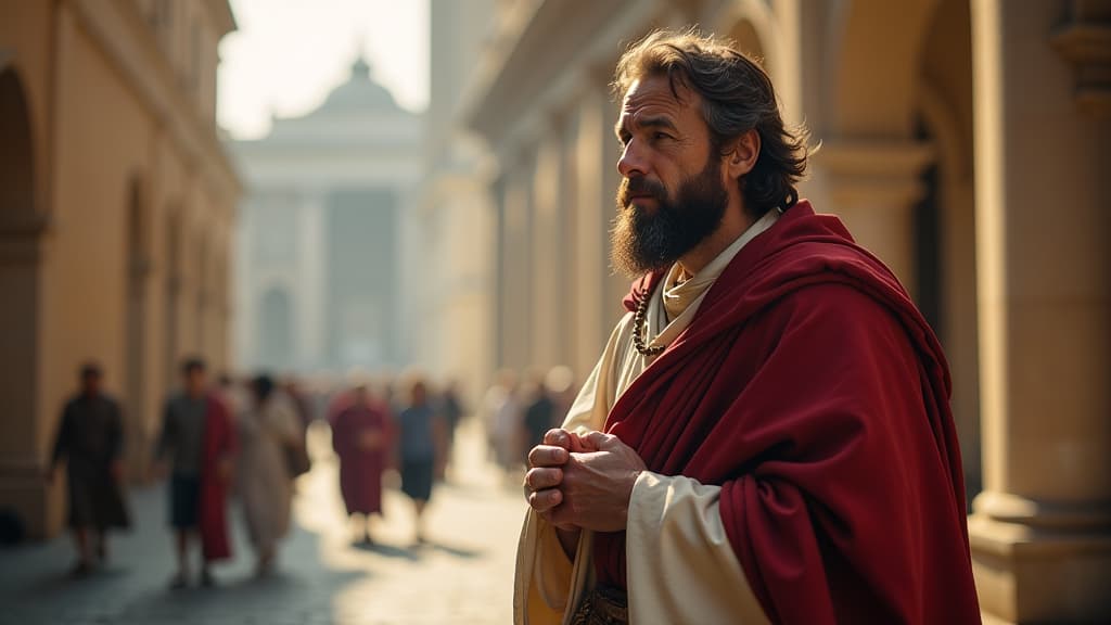  history of biblical times, a weary peter in rome, symbolically representing his travels and sacrifices for the church, set against the backdrop of ancient architecture. hyperrealistic, full body, detailed clothing, highly detailed, cinematic lighting, stunningly beautiful, intricate, sharp focus, f/1. 8, 85mm, (centered image composition), (professionally color graded), ((bright soft diffused light)), volumetric fog, trending on instagram, trending on tumblr, HDR 4K, 8K