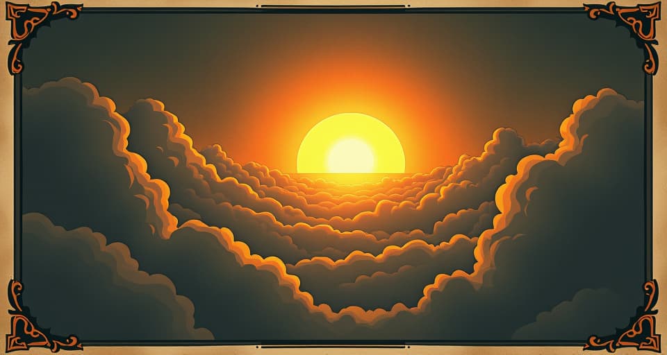  rising sun, breaking through clouds, new dawn. bright light casting shadows, symbol of renewal, hopeful yet uncertain, dawn of a new age.. an illustration in the style of a worn, mystical old tarot trump card, mysterious and elements of surrealism. the colors are muted, somber and eerie, but with contrast bring out an occult and esoteric vibe.