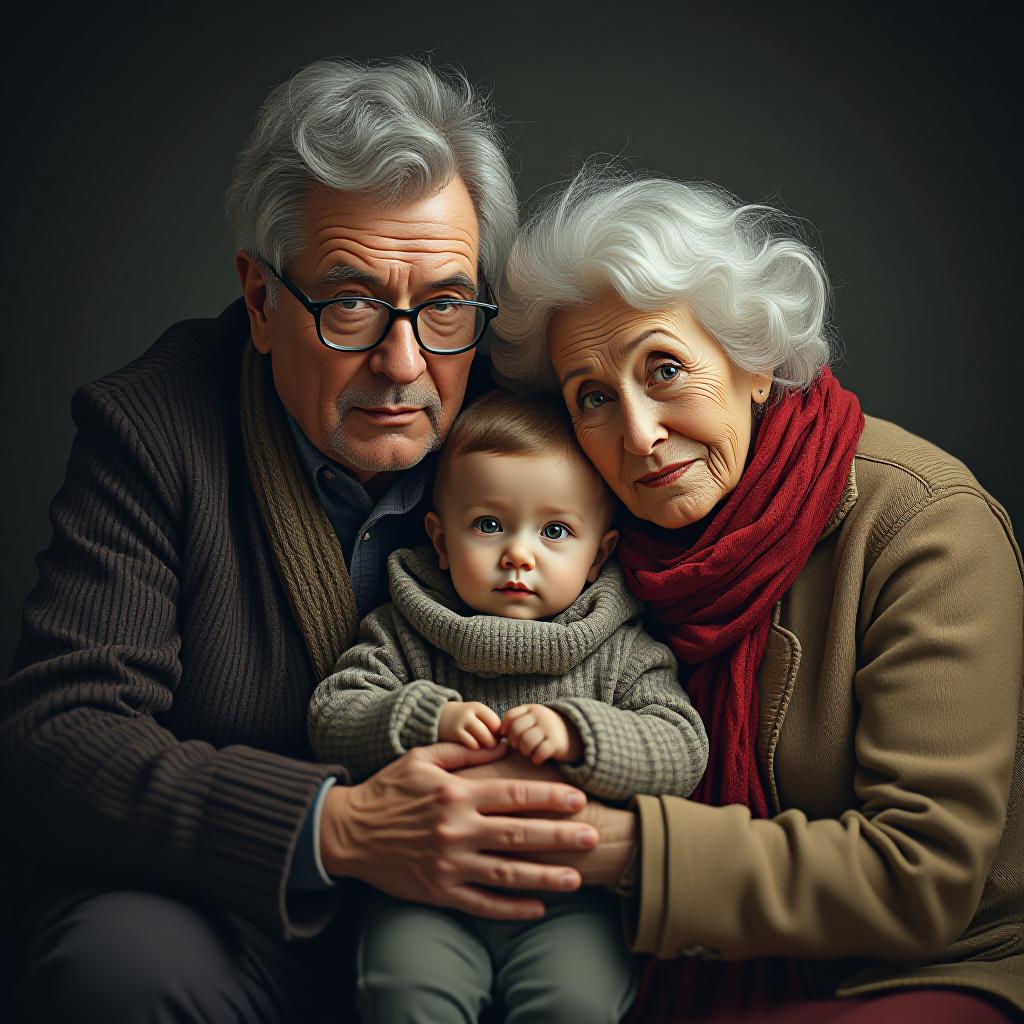  child, mom and dad, grandma and grandpa. hyperrealistic, full body, detailed clothing, highly detailed, cinematic lighting, stunningly beautiful, intricate, sharp focus, f/1. 8, 85mm, (centered image composition), (professionally color graded), ((bright soft diffused light)), volumetric fog, trending on instagram, trending on tumblr, HDR 4K, 8K