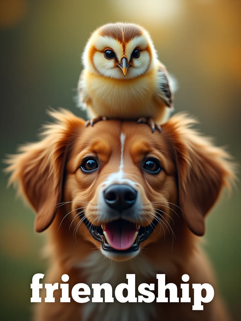  cinematic photo oil painting, bright colors, little owl chick sitting on dog's head and smiling cheerfully, text at the bottom in big letters "friendship", high detail, high resolution, detailed skin, detailed eyes, detailed background, deep sharpness, dynamic pose, hyper realism, lots of small details, perfect composition and angle. . 35mm photograph, film, bokeh, professional, 4k, highly detailed hyperrealistic, full body, detailed clothing, highly detailed, cinematic lighting, stunningly beautiful, intricate, sharp focus, f/1. 8, 85mm, (centered image composition), (professionally color graded), ((bright soft diffused light)), volumetric fog, trending on instagram, trending on tumblr, HDR 4K, 8K