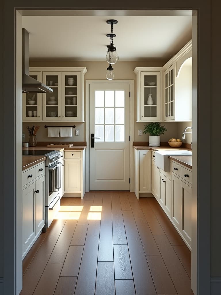  high quality portrait photo of a cozy farmhouse kitchen with distressed white cabinets and reclaimed wood plank flooring, captured from the entrance to show the rustic charm hyperrealistic, full body, detailed clothing, highly detailed, cinematic lighting, stunningly beautiful, intricate, sharp focus, f/1. 8, 85mm, (centered image composition), (professionally color graded), ((bright soft diffused light)), volumetric fog, trending on instagram, trending on tumblr, HDR 4K, 8K