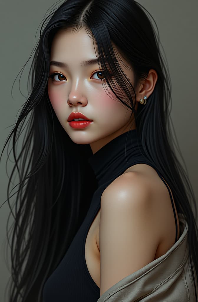  young asian girl with long black hair, modern, fantasy, realistic, portrait, art by donato giancola and greg rutkowski, realistic face, digital art, trending on artstation hyperrealistic, full body, detailed clothing, highly detailed, cinematic lighting, stunningly beautiful, intricate, sharp focus, f/1. 8, 85mm, (centered image composition), (professionally color graded), ((bright soft diffused light)), volumetric fog, trending on instagram, trending on tumblr, HDR 4K, 8K