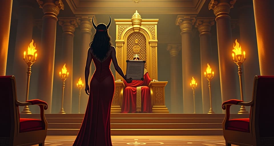  a grand ceremony in a lavish palace courtyard, golden throne, large busted priestess in tight gown presenting a scroll, torches lighting the night, symbols of overcompensation through grandeur. the style is digital art illustration / modern comic book / mysterious occult, symbolic, esoteric vibe,high detail on character design, incorporating ancient egyptian symbology and attire.