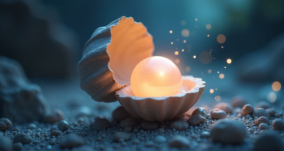  a radiant pearl emerging from a rough, cracked shell, illuminated by ethereal light. the surroundings are a luminous ocean bed, representing new resilience and hidden beauty.. the style is digital art illustration,highly detailed, whimsical,magical, dreamlike atmosphere, realism and fantasy blend, smooth, glossy textures,luminous quality, wonder and enchantment.