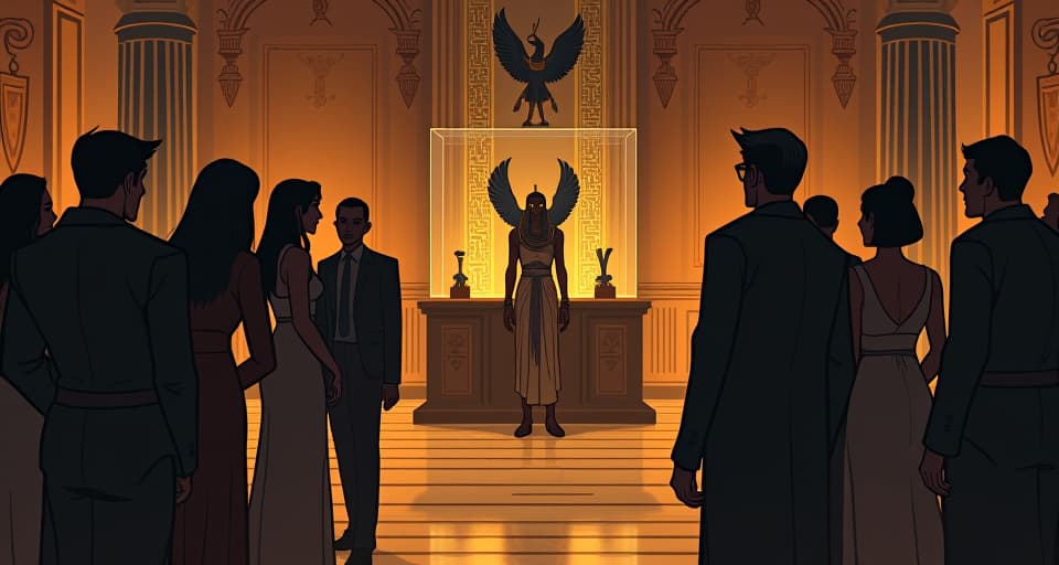  a social gathering in an opulent hall, a figure casually engaging in conversation, a rare artifact subtly glowing in a display case behind, an aura of anticipation. the style is digital art illustration / modern comic book / mysterious occult, symbolic, esoteric vibe,high detail on character design, incorporating ancient egyptian symbology and attire.