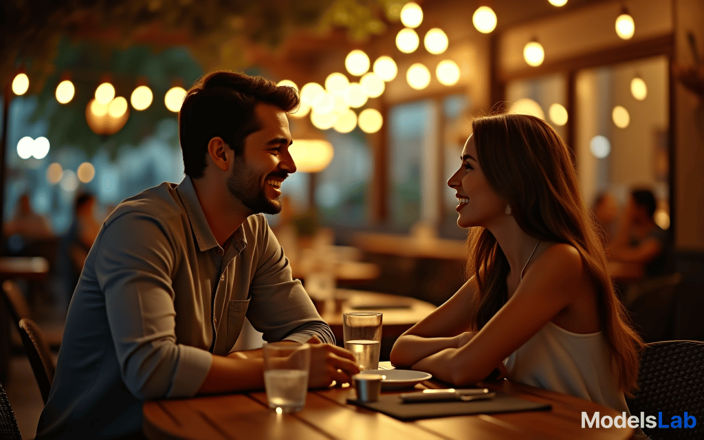  cinematic photo a smiling young man communicates with a smiling young woman sitting at a table in an outdoor cafe on a summer night . 35mm photograph, film, bokeh, professional, 4k, highly detailed