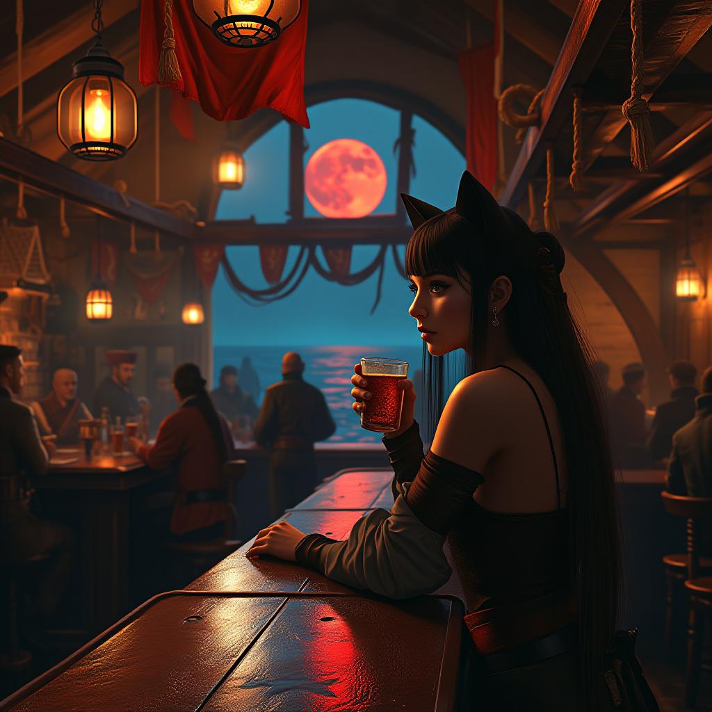  background: a bustling pirate tavern at dusk, filled with shadowy figures and flickering lanterns. ornate wooden beams arch overhead, adorned with tattered flags and swinging rope nets. through a large window, a blood red moon hangs low over a midnight blue sea. the scene is composed with diagonal leading lines from the bar to the window, creating depth. warm, dramatic chiaroscuro lighting from multiple lantern sources casts long shadows and highlights, emphasizing the mysterious and slightly dangerous mood. the color palette features rich golds from the lanterns, deep midnight blues of the sea, and crimson accents from the moon and flags. foreground: a fierce female pirate with sleek black cat ears leans against a polished bar, raising a c hyperrealistic, full body, detailed clothing, highly detailed, cinematic lighting, stunningly beautiful, intricate, sharp focus, f/1. 8, 85mm, (centered image composition), (professionally color graded), ((bright soft diffused light)), volumetric fog, trending on instagram, trending on tumblr, HDR 4K, 8K