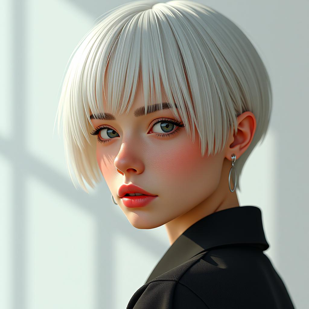  girl with white short hair, photorealistic