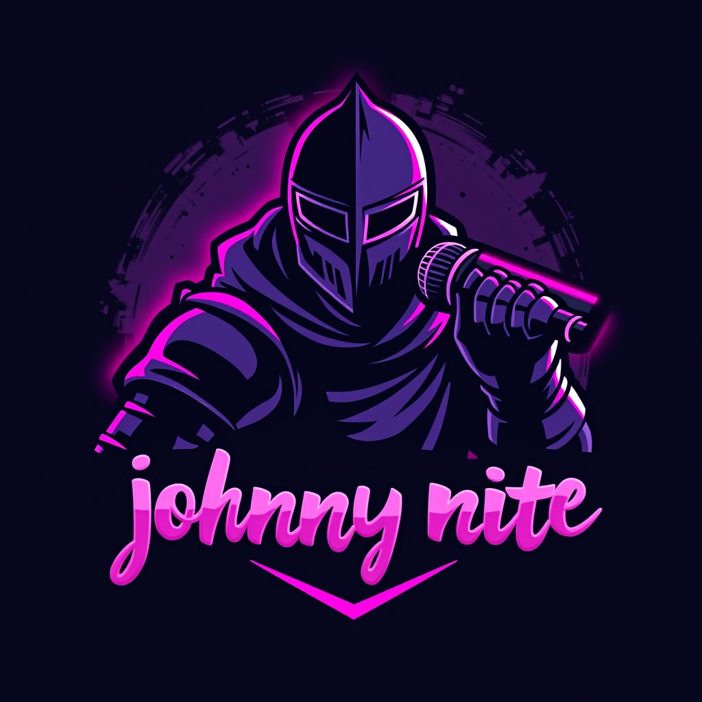  design a logo, knight with a gaming mic graffiti purple and black, with the text 'johnny nite'.