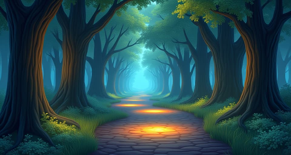  pathway through magical forest, glowing trees, ethereal pathway lights, symbolizing guidance and resilience.. the style is digital art illustration,highly detailed, whimsical,magical, dreamlike atmosphere, realism and fantasy blend, smooth, glossy textures,luminous quality, wonder and enchantment.