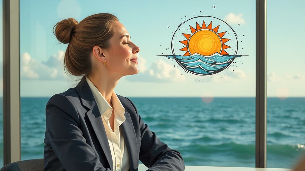  photo portrait of beautiful woman eyes closed dreaming about sea, sun, woman smiling, big cartoon drawn circles with sea, sun inside circles flying around woman head, buisness suit, woman sits on the table in office room ar 16:9 {prompt}, maximum details