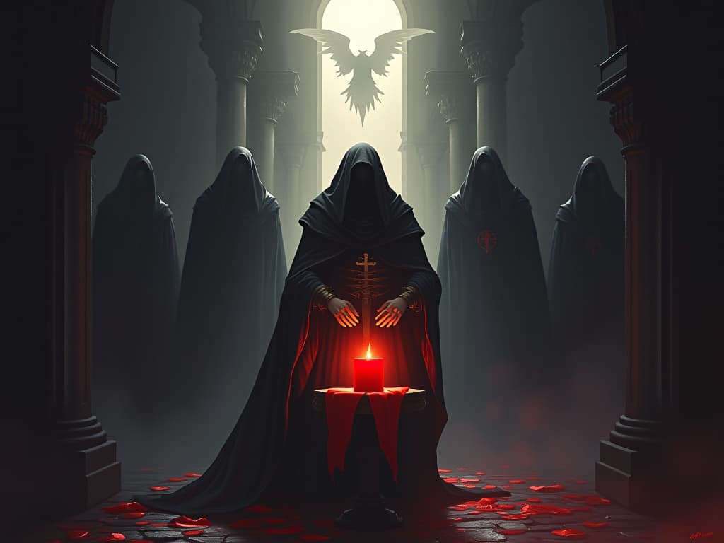  a penitent figure offering a gift at an altar of light, spectral figures of past transgressions watching from the shadows, scene of atonement.. the style is dark fantasy and mysterious occult, symbolic, moody lighting, esoteric vibe,high detail on character design. for the color scheme emphasize blacks and reds.