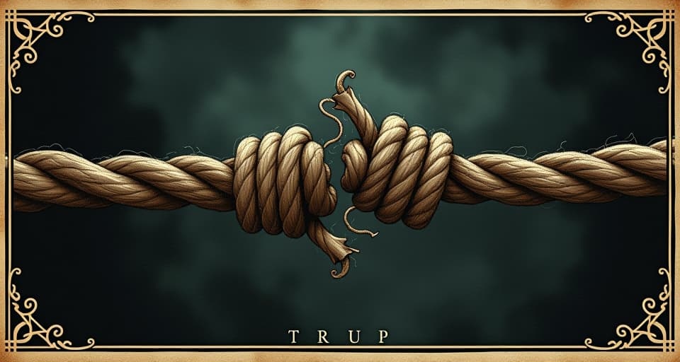  a pair of intertwined ropes fraying apart, dark and moody lighting, sense of tension and impending breakage, separation. an illustration in the style of a worn, mystical old tarot trump card, mysterious and elements of surrealism. the colors are muted, somber and eerie, but with contrast bring out an occult and esoteric vibe.