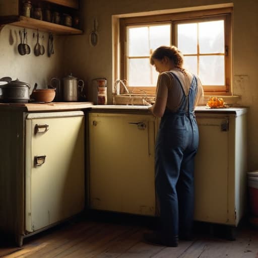 A photo of a skilled technician repairing a vintage refrigerator in a dimly lit, rustic kitchen during late afternoon. The warm, golden rays of the setting sun stream through a small window, casting long shadows and creating a dramatic contrast between light and dark. The technician, clad in faded coveralls, diligently works on the appliance, surrounded by tools and spare parts scattered on a worn wooden table. The weathered textures of the appliances and the distressed wooden cabinets add a sense of history and character to the scene, evoking a nostalgic feel of a bygone era in appliance service.