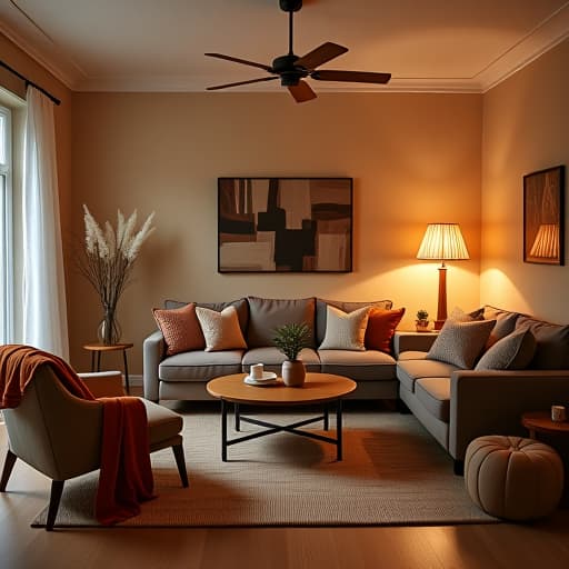  a cozy living room with a warm color palette, comfortable seating, soft throw blankets, and ambient lighting to create a welcoming and inviting space.