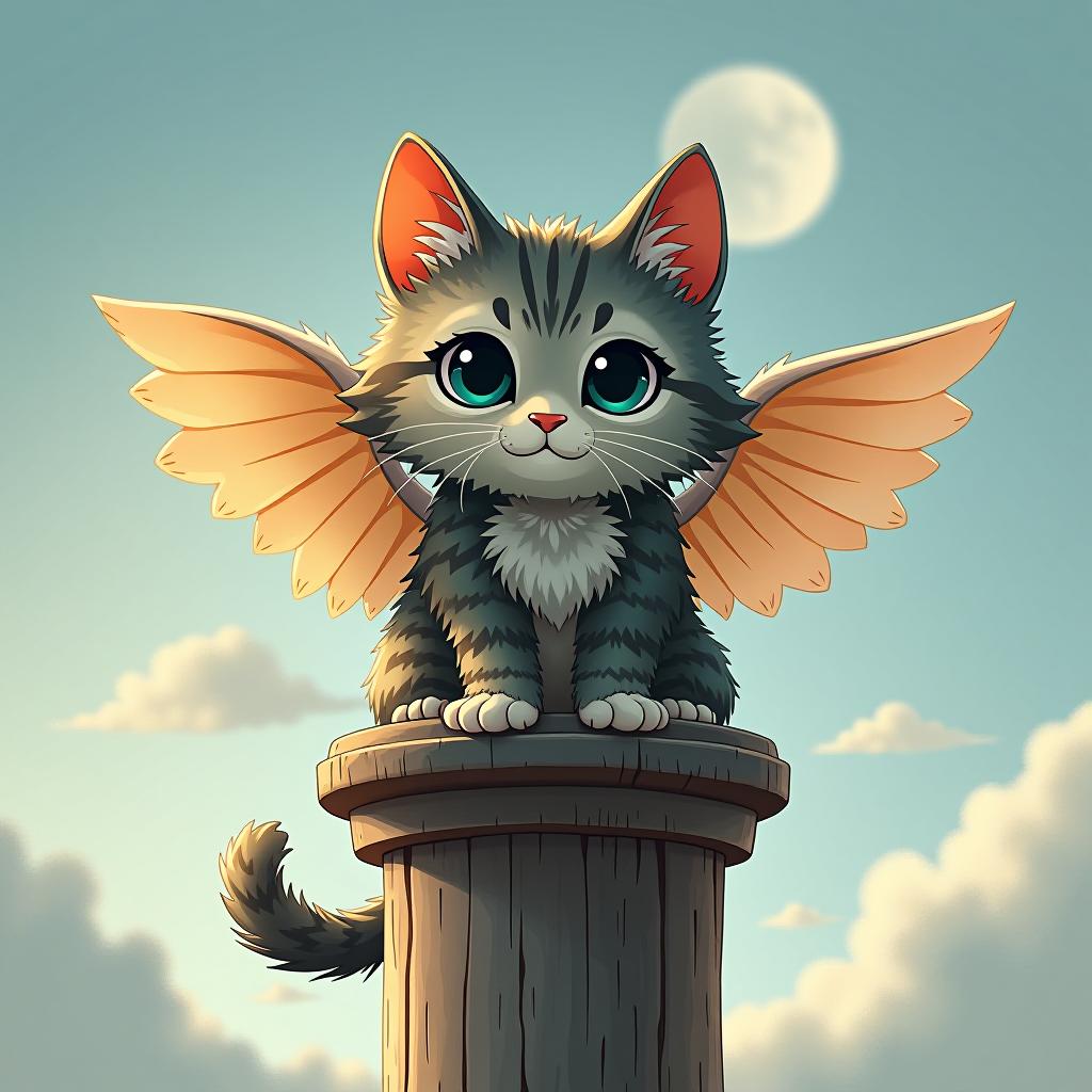  a little cat with wings is sitting on a tower.