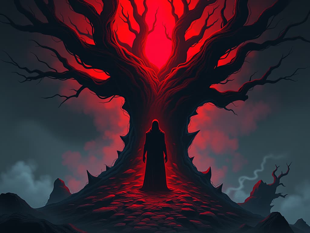  stalwart figure in red, rooted like an ancient tree, surrounded by a storm, ambiance of unshakable steadiness. the style is digital art illustration / modern comic book / graphic dark novel fantasy and mysterious occult, symbolic, moody lighting, esoteric vibe,high detail on character design. for the color scheme emphasize blacks and reds.