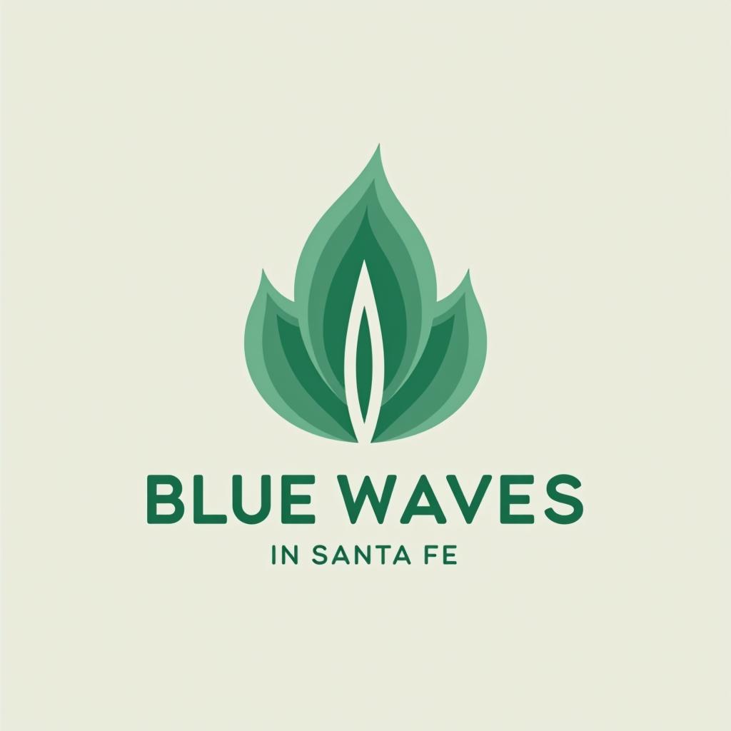  design a logo, minimalist geometric logo of green leaf vector graphic, with the text 'blue waves in santa fe'.