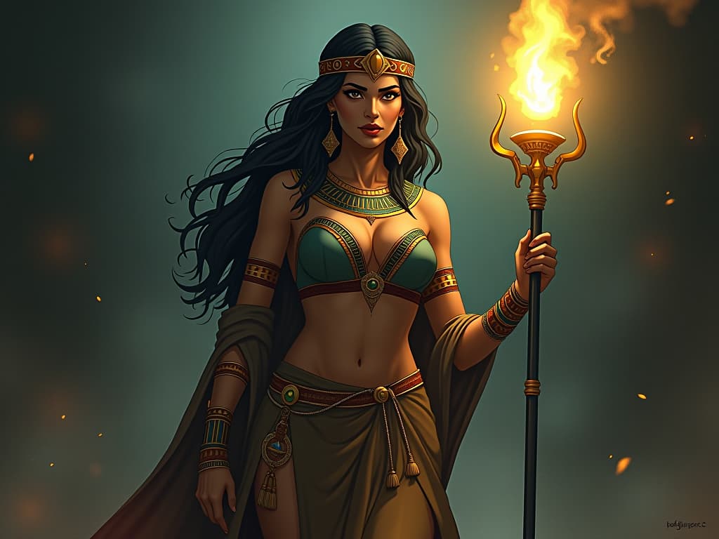  large busted woman holding a glowing staff, illuminating a dark path for those around her, symbolizing guidance. the style is digital art illustration / modern comic book / mysterious occult, symbolic, esoteric vibe,high detail on character design, incorporating ancient egyptian symbology and attire.