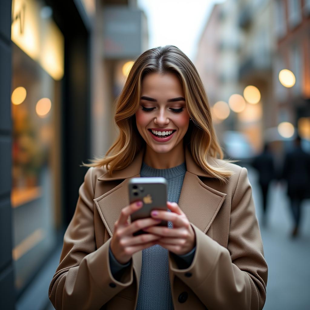  cinematic photo realistic image. a beautiful tall, slim woman looks at the phone with a joyfully surprised face, the background is the street, shop windows, high resolution, 4k . 35mm photograph, film, bokeh, professional, 4k, highly detailed hyperrealistic, full body, detailed clothing, highly detailed, cinematic lighting, stunningly beautiful, intricate, sharp focus, f/1. 8, 85mm, (centered image composition), (professionally color graded), ((bright soft diffused light)), volumetric fog, trending on instagram, trending on tumblr, HDR 4K, 8K