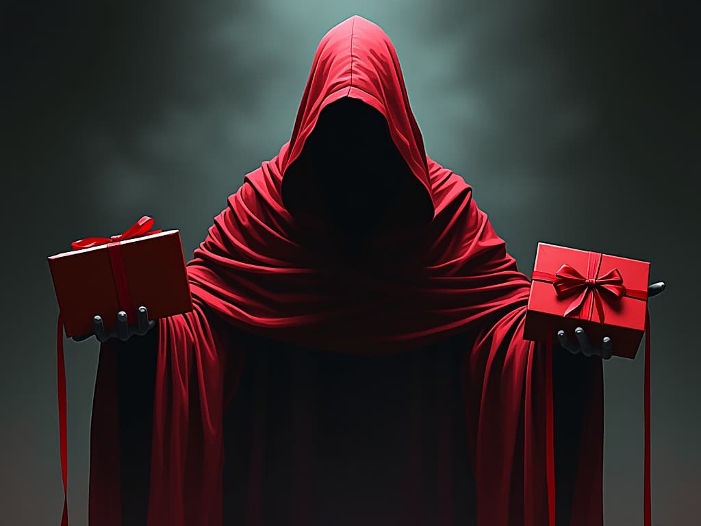  figure in red, deflecting gifts with hidden strings, steadfast focus. the style is digital art illustration / modern comic book / graphic dark novel fantasy and mysterious occult, symbolic, moody lighting, esoteric vibe,high detail on character design. for the color scheme emphasize blacks and reds.