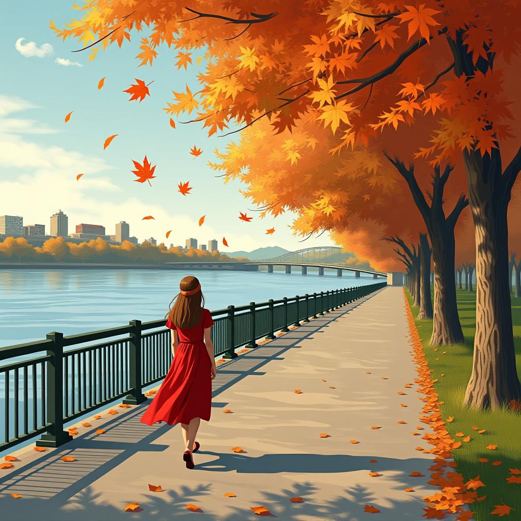  the girl in the red dress walks along the promenade, and autumn leaves are falling.