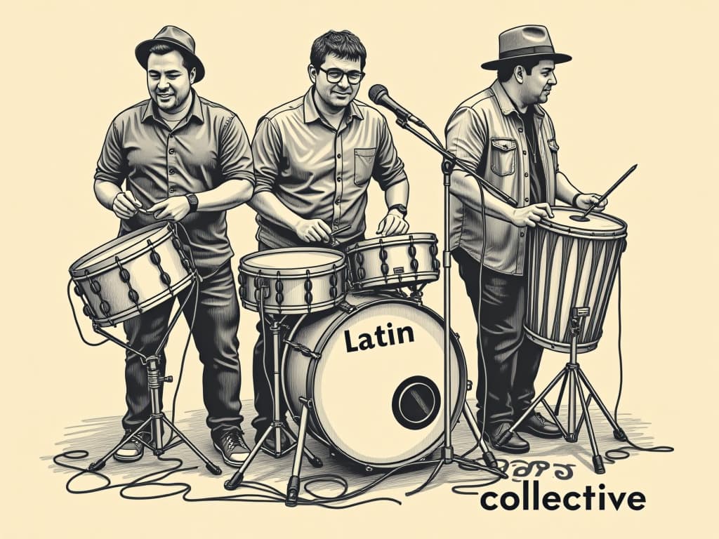  design a logo, in a pencil style. 3 hombres con tambores, microfono, cables , with the text 'latín beat collective '.