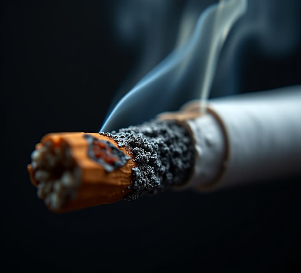  close up of a burning cigarette, with smoke and ash particles against a background, anti smoking initiatives, and public health promotions.