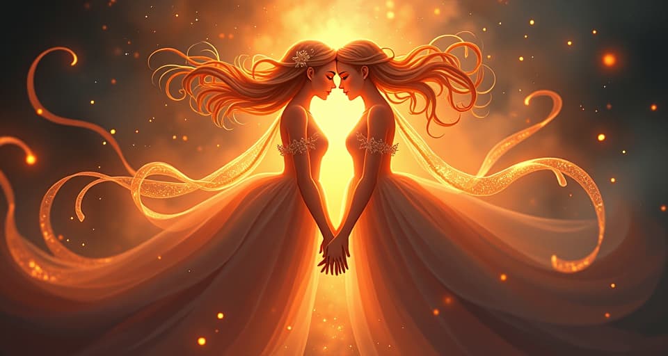  two intertwined souls rising from an ethereal fire, ribbons of light encircling them, symbolizing a bond forged in the fires of countless past lives.. the style is digital art illustration,highly detailed, whimsical,magical, dreamlike atmosphere, realism and fantasy blend, smooth, glossy textures,luminous quality, wonder and enchantment.