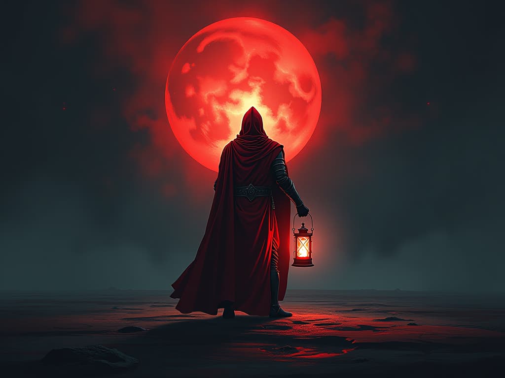  knight in red mail, holding a radiant lantern, standing in a desolate wasteland, aura of guidance and resilience illuminated by lantern light. the style is digital art illustration / modern comic book / graphic dark novel fantasy and mysterious occult, symbolic, moody lighting, esoteric vibe,high detail on character design. for the color scheme emphasize blacks and reds.